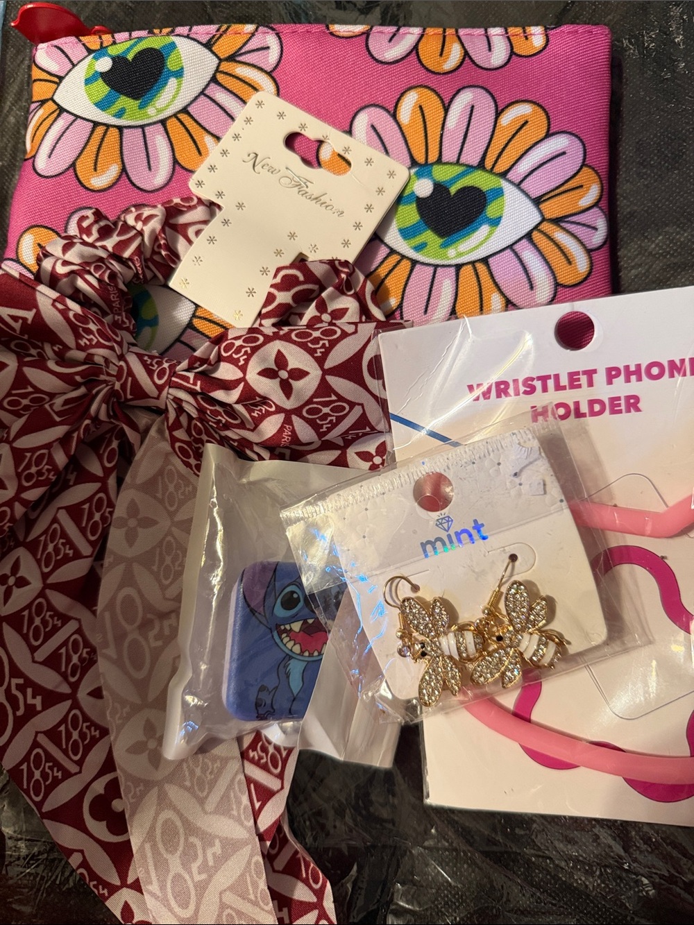 Mint Kids Gold Bow and Bee Charm Earrings with Pink Floral Pouch